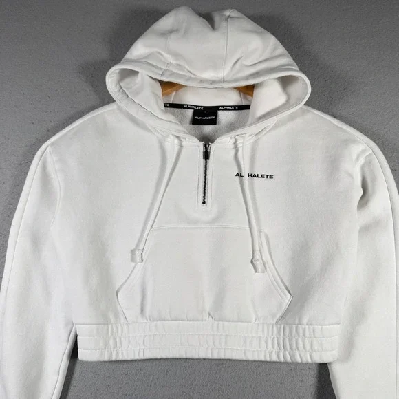 Alphalete White Cropped Quarter Zip Hoodie Sweatshirt Athletic Small Comfort Gym - Picture 1 of 14
